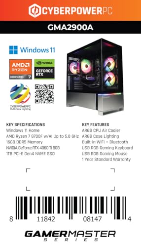 CyberPowerPC Gamer Master Gaming PC, AMD Ryzen 7 8700F 4.1GHz, GeForce RTX 4060 Ti 8GB, 16GB DDR5, 1TB PCIe Gen4 SSD, WiFi Ready & Windows 11 Home (GMA2900A)