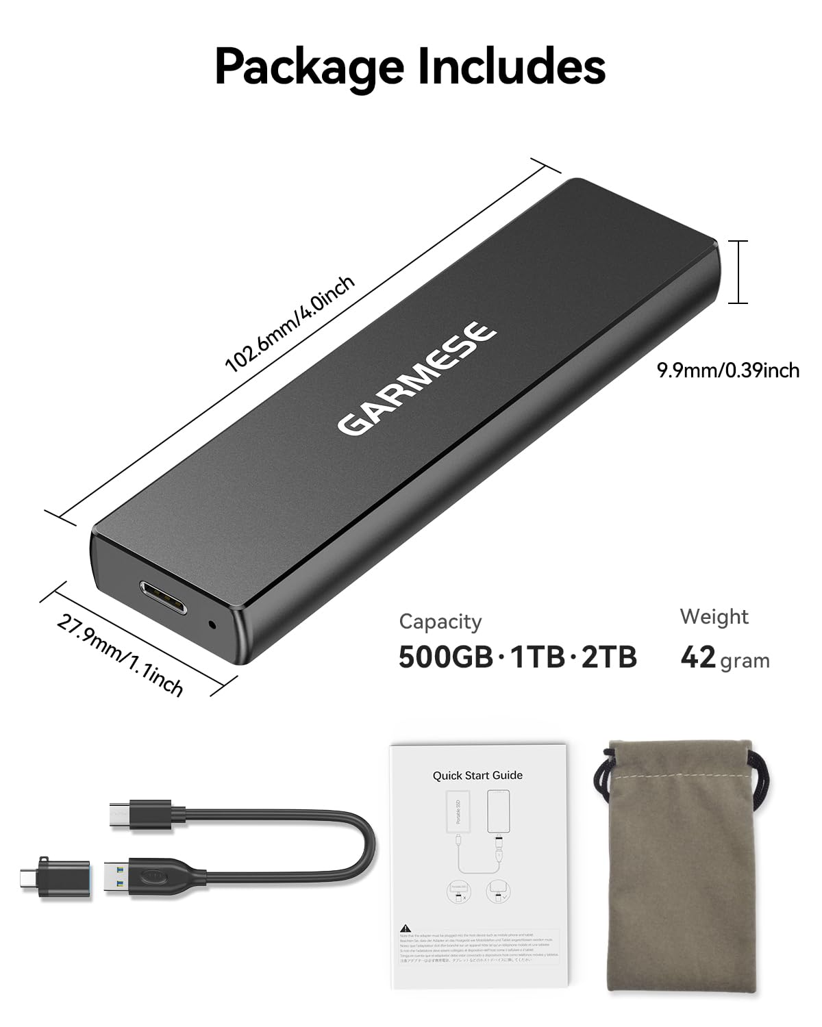 GARMESE External SSD 512GB Portable SSD Speed Up to 1000MB/s USB 3.2 Gen 2, External Solid State Drives with Type-C Cable, External Hard Drive for PC Mac Game Console