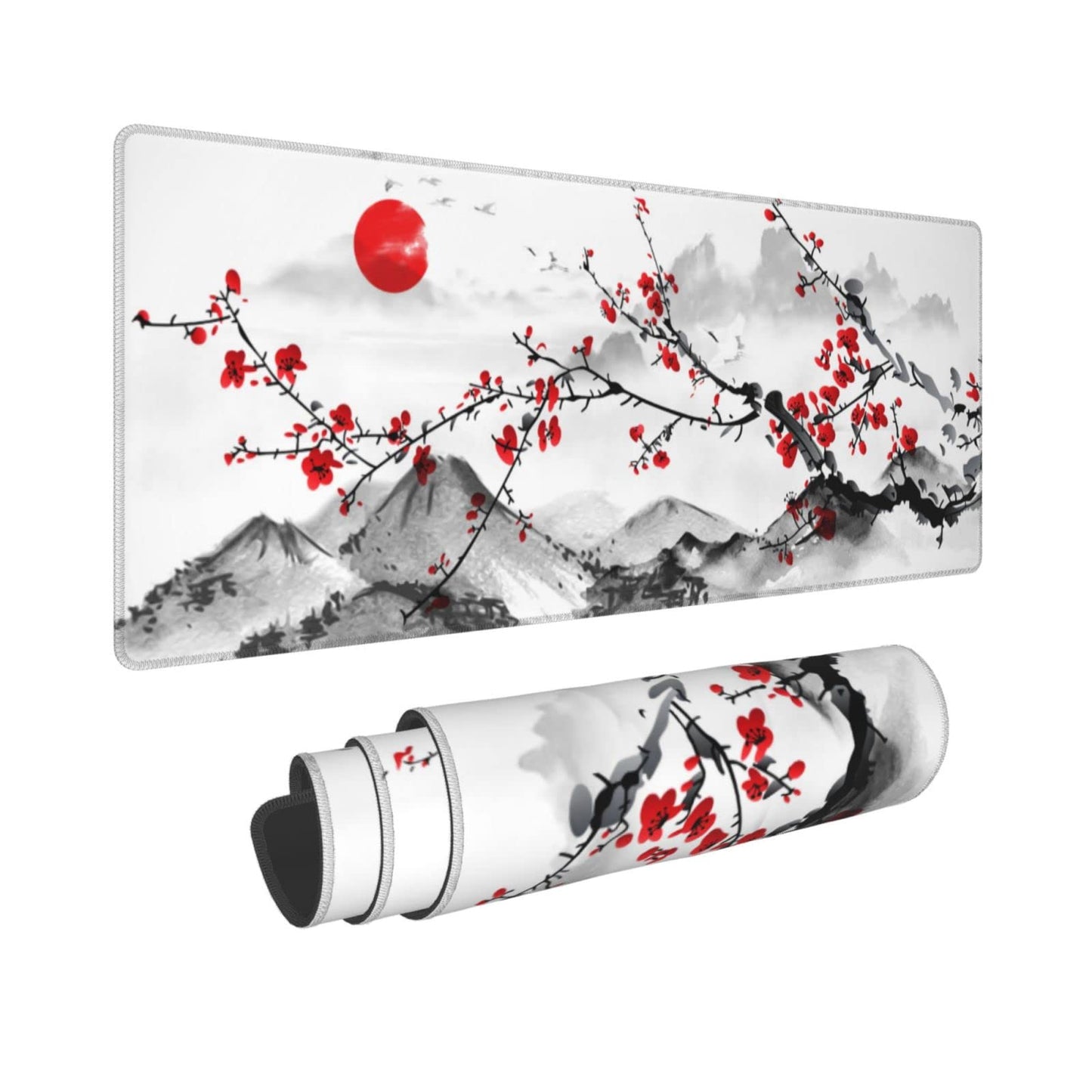 Watercolor Cherry Blossom Mouse Pad 31.5x11.8 Inch Pink Full Desk Japanese Sakura Mousepad Extended Large Non-Slip Rubber Base Waterproof Big Keyboard Mat with Stitched Edges for Gaming and Office