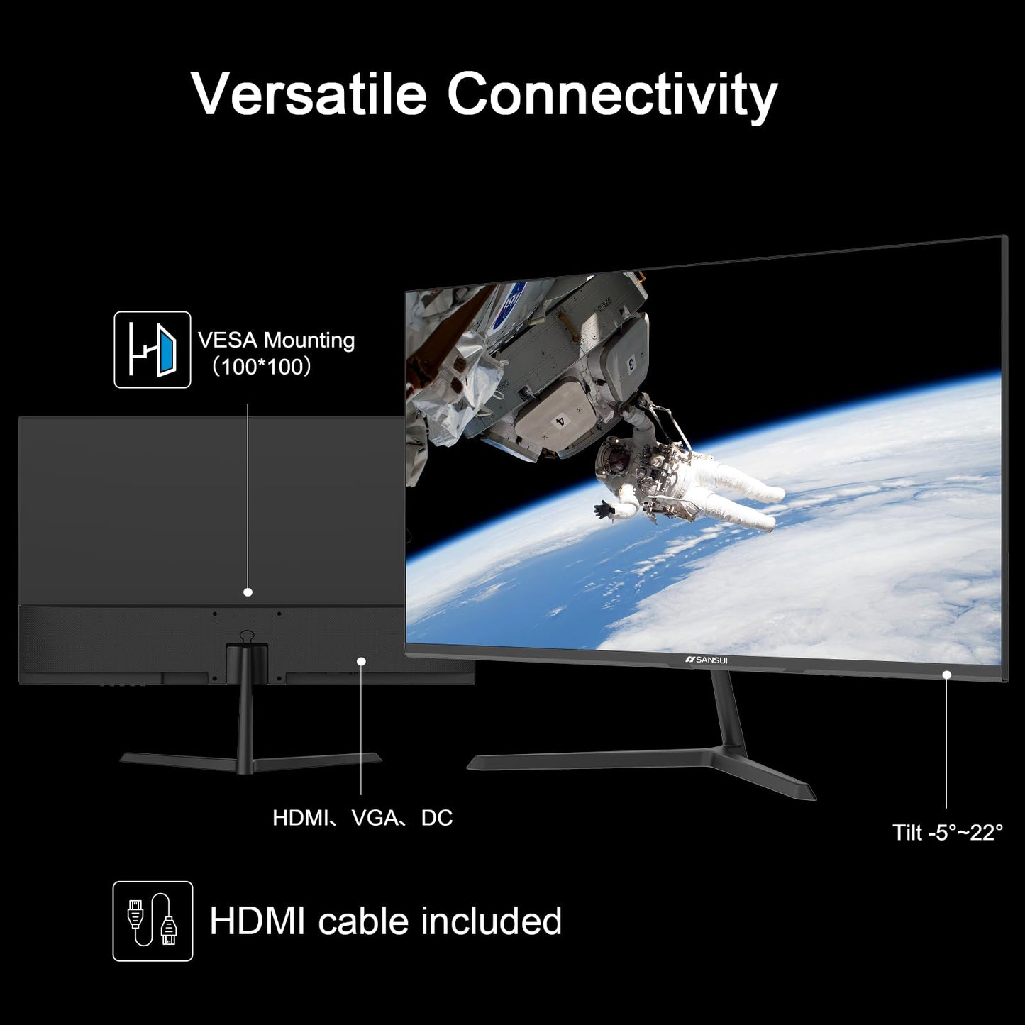 SANSUI 27 Inch Monitor, IPS 100Hz Computer Monitor Full HD 1920 x 1080P with HDMI VGA Interface, Eye Care, Frameless, 100 x 100mm VESA Mountable (HDMI Cable Included)