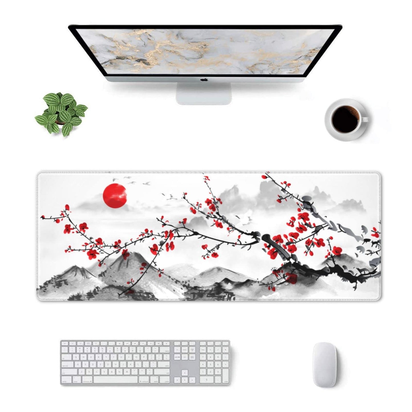 Watercolor Cherry Blossom Mouse Pad 31.5x11.8 Inch Pink Full Desk Japanese Sakura Mousepad Extended Large Non-Slip Rubber Base Waterproof Big Keyboard Mat with Stitched Edges for Gaming and Office