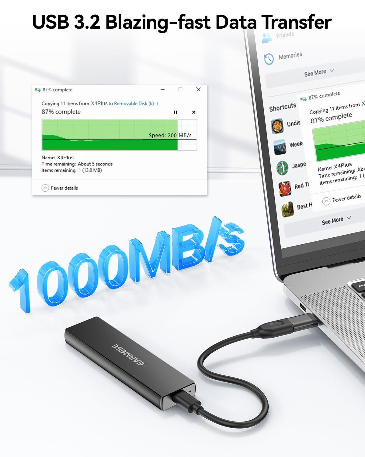 GARMESE External SSD 512GB Portable SSD Speed Up to 1000MB/s USB 3.2 Gen 2, External Solid State Drives with Type-C Cable, External Hard Drive for PC Mac Game Console