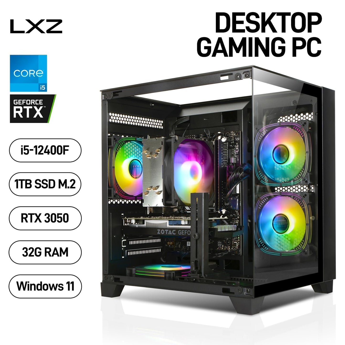 Gaming PC Desktop Intel 12th I5-12400F, 6 core 2.5GHz Desktop Computer, GeForce RTX3050, 32G DDR4 RAM, 1TB NVME SSD, Tower Computer for Gaming, Home and Office (Black)