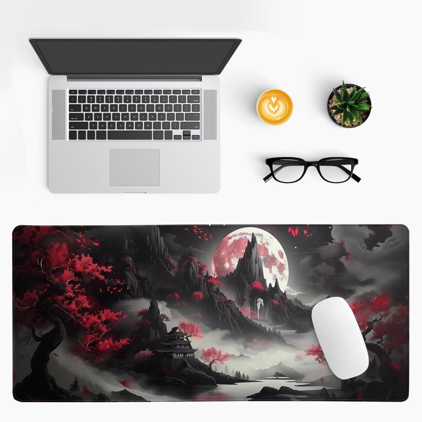 Brecoy Japanese Desk Mat Red Full Moon Desk Pad Black Riverside Large Mouse Pad Gaming Mousepad Extended XL Keyboard Pad 31.5 x 11.8 in Laptop Computer Mouse Keyboard Mat for Office Desk Decor