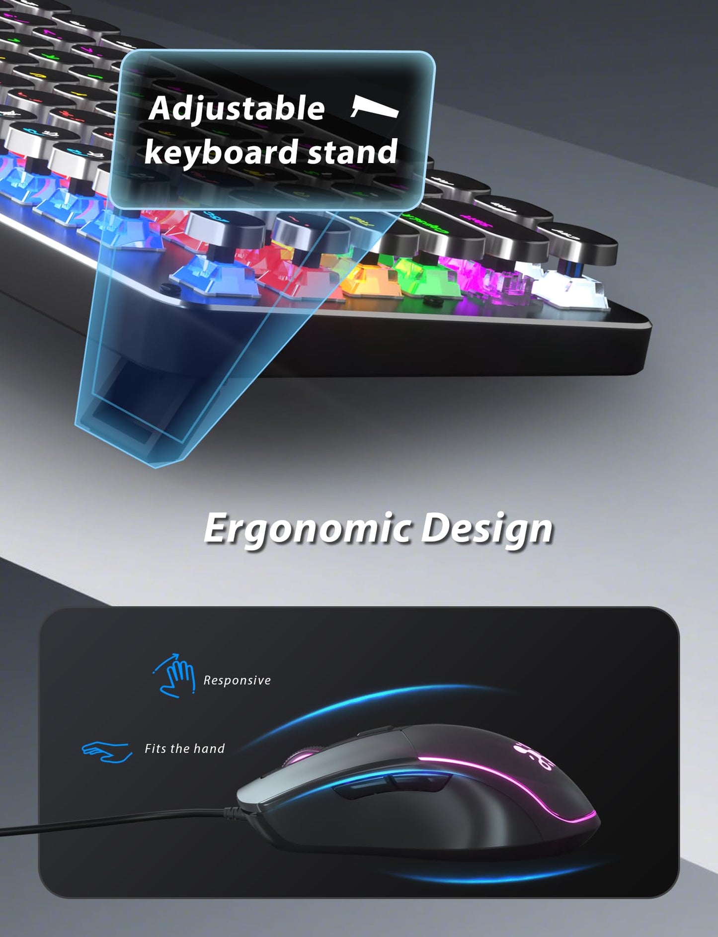Typewriter Mechanical Gaming Keyboard and Mouse, Metal Panel Retro Keyboard with Round Keycap Blue Switch, RGB Backlit 104 Keys Anti-Ghost Wired Keyboard Mouse and Pad Combo for PC Laptop Mac Gamer