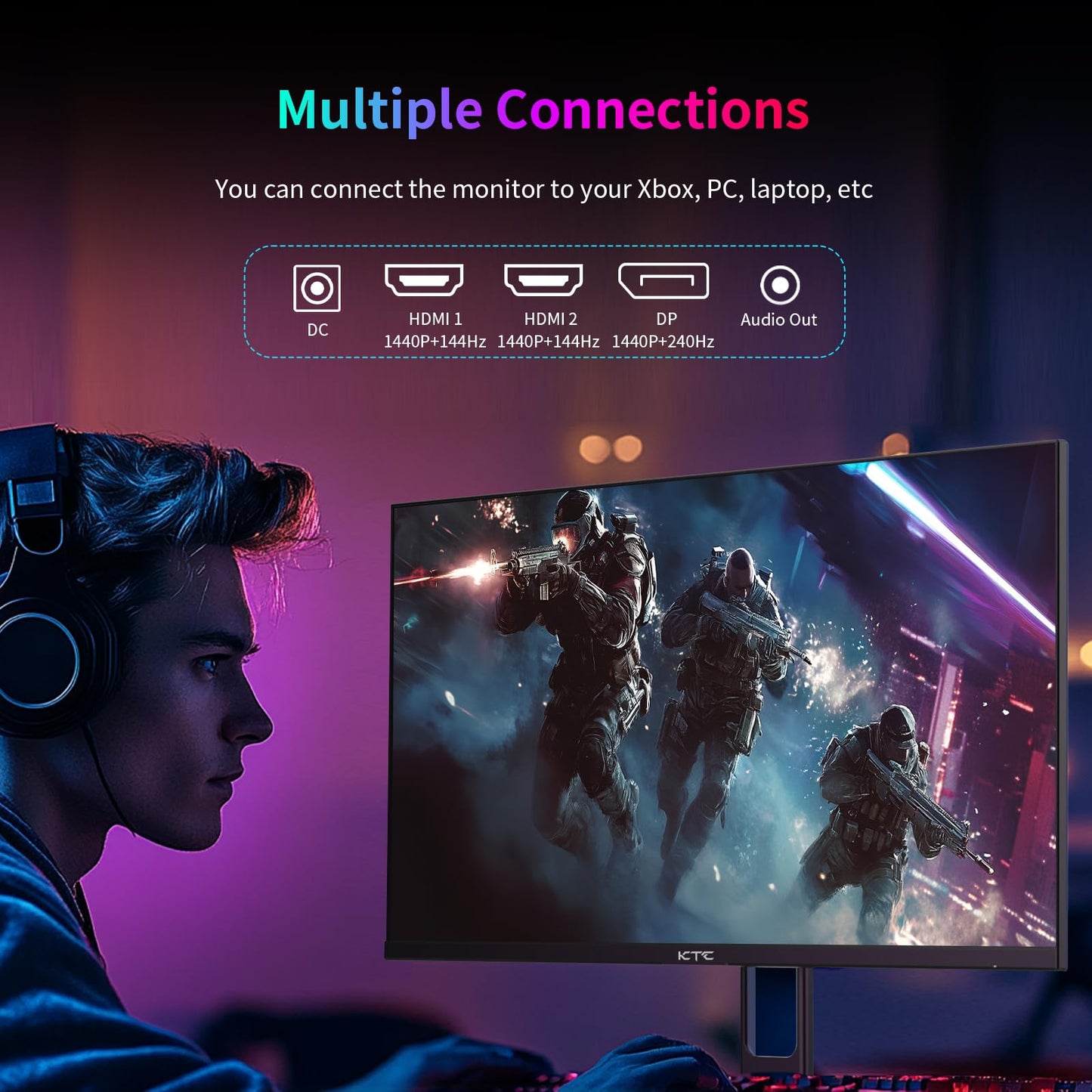 KTC 27 Inch Gaming Monitor 240Hz 1440P QHD Computer Monitor, FreeSync G-Sync Compatible, 1ms 2K Gamer Monitor with HDR, 130% sRGB, HDMI DisplayPort, Tilt Adjustable, Eye Care,H27E22S
