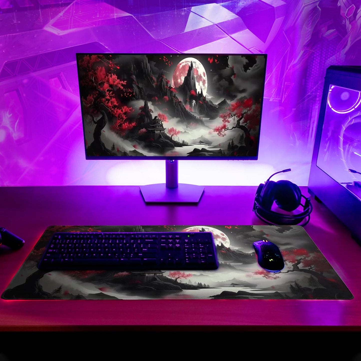 Brecoy Japanese Desk Mat Red Full Moon Desk Pad Black Riverside Large Mouse Pad Gaming Mousepad Extended XL Keyboard Pad 31.5 x 11.8 in Laptop Computer Mouse Keyboard Mat for Office Desk Decor