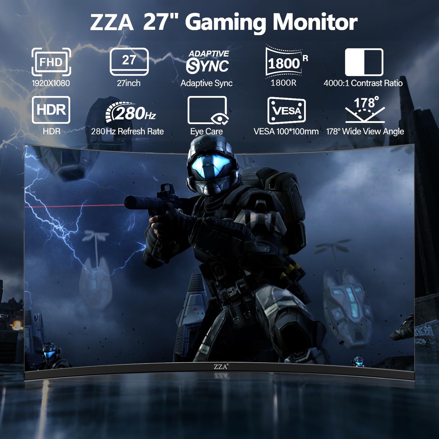 ZZA Gaming Monitor 27 Inch Curved, Computer Monitor 280Hz|240HZ|1ms, 27 Inch Curved Monitor 1500R|FHD|1080P|90% DCI-P3|100% sRGB, PC Monitor FreeSync|HDR|Low Blue Light| HDMI|DP| VESA| Metal Stand