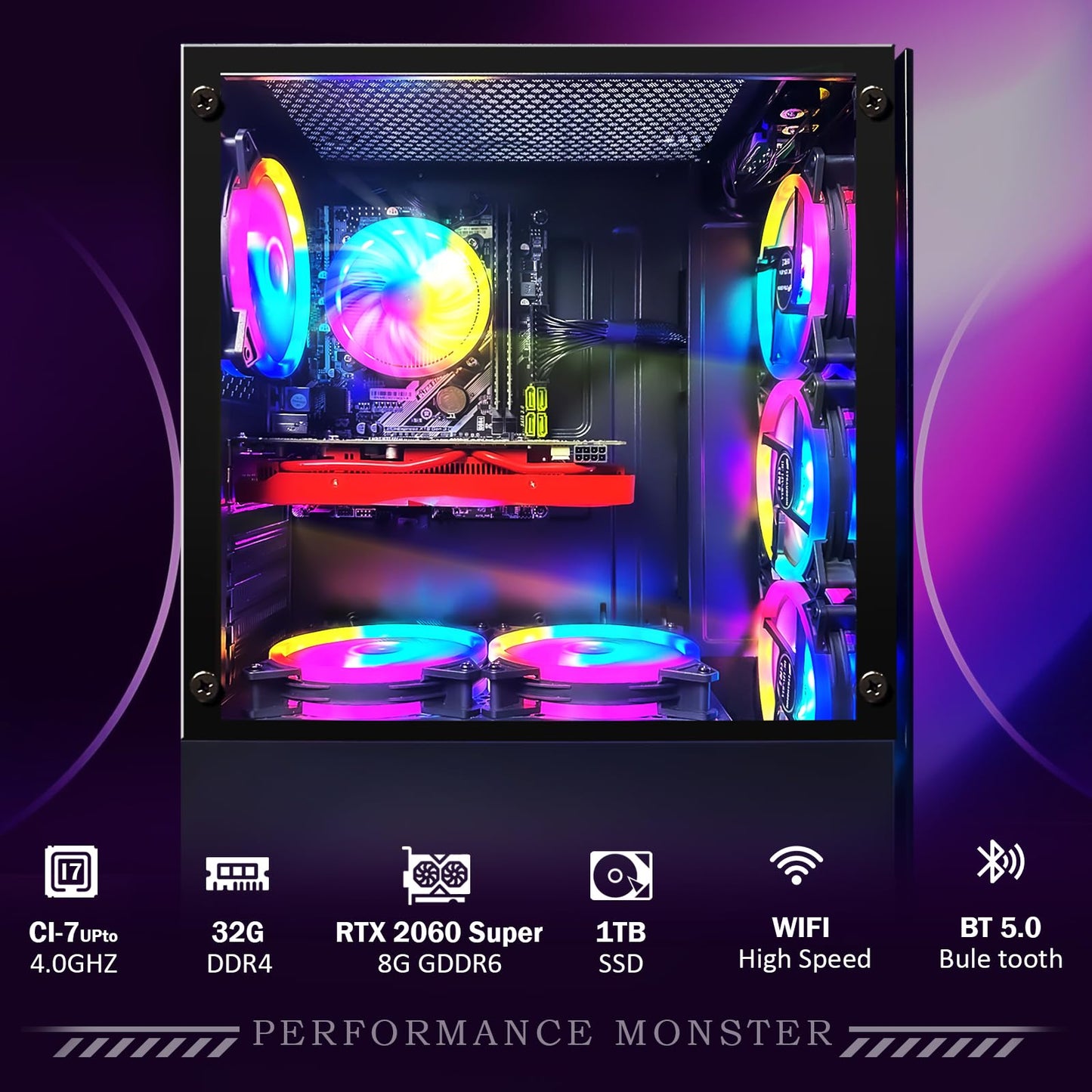 STGAubron Gaming PC Desktop, GeForce RTX 2060 Super 8G GDDR6, Intel Core i7-6700 up to 4.0G, 32G DDR4, 1T SSD, 600M WiFi, BT 5.0, RGB Fan x 6, Windows 10 Home