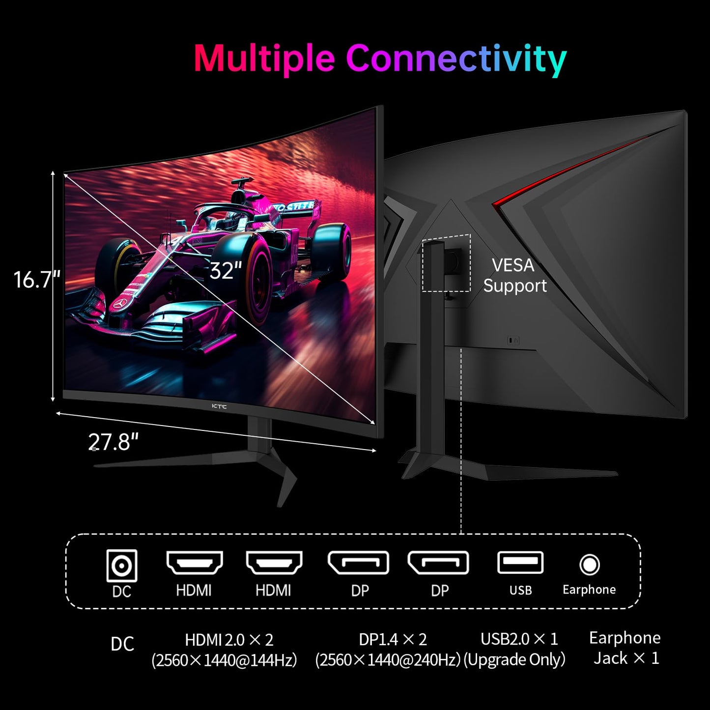 KTC 32 Inch 240Hz Curved Gaming Monitor, 2K 1440P Computer PC Monitor with 1000R 1ms Frameless, Adaptive Sync,122% sRGB, HDMI, DisplayPort, Tilt Adjustable, H32S25E