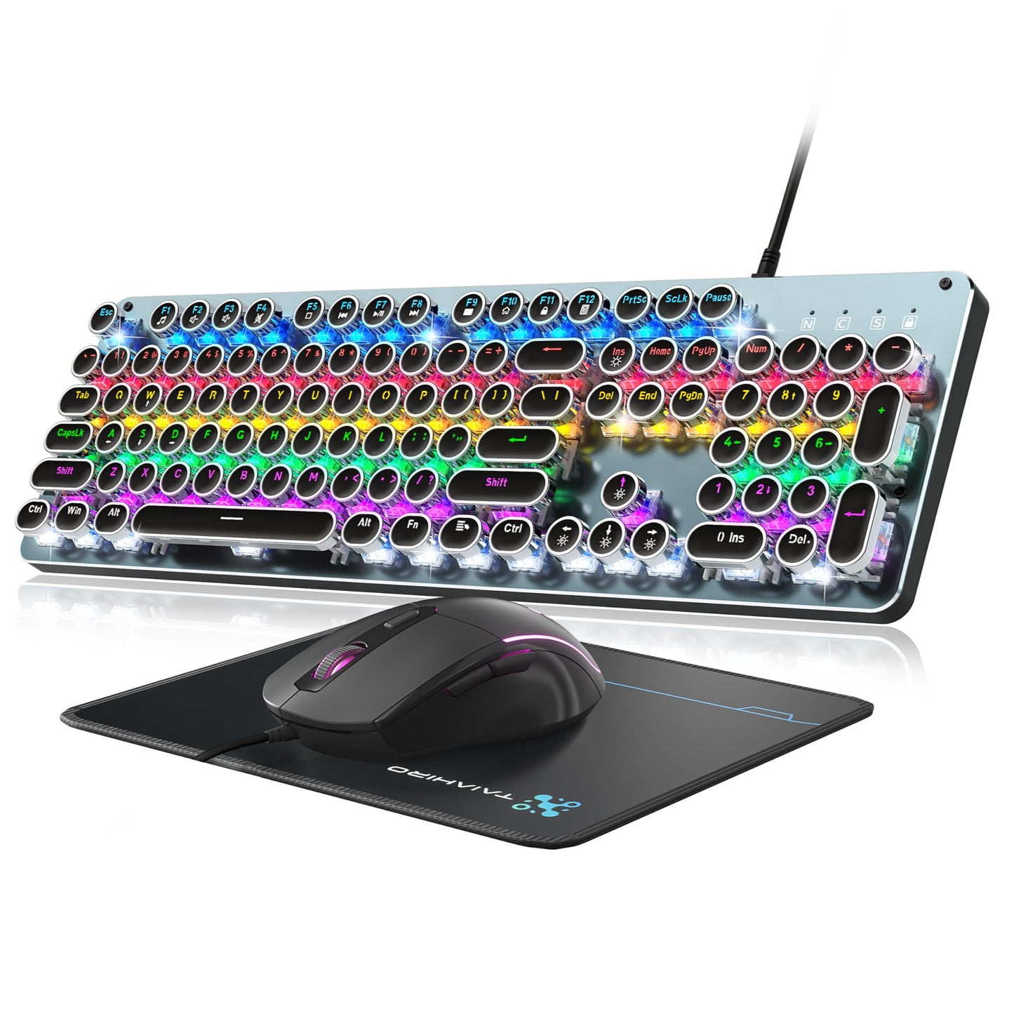 Typewriter Mechanical Gaming Keyboard and Mouse, Metal Panel Retro Keyboard with Round Keycap Blue Switch, RGB Backlit 104 Keys Anti-Ghost Wired Keyboard Mouse and Pad Combo for PC Laptop Mac Gamer