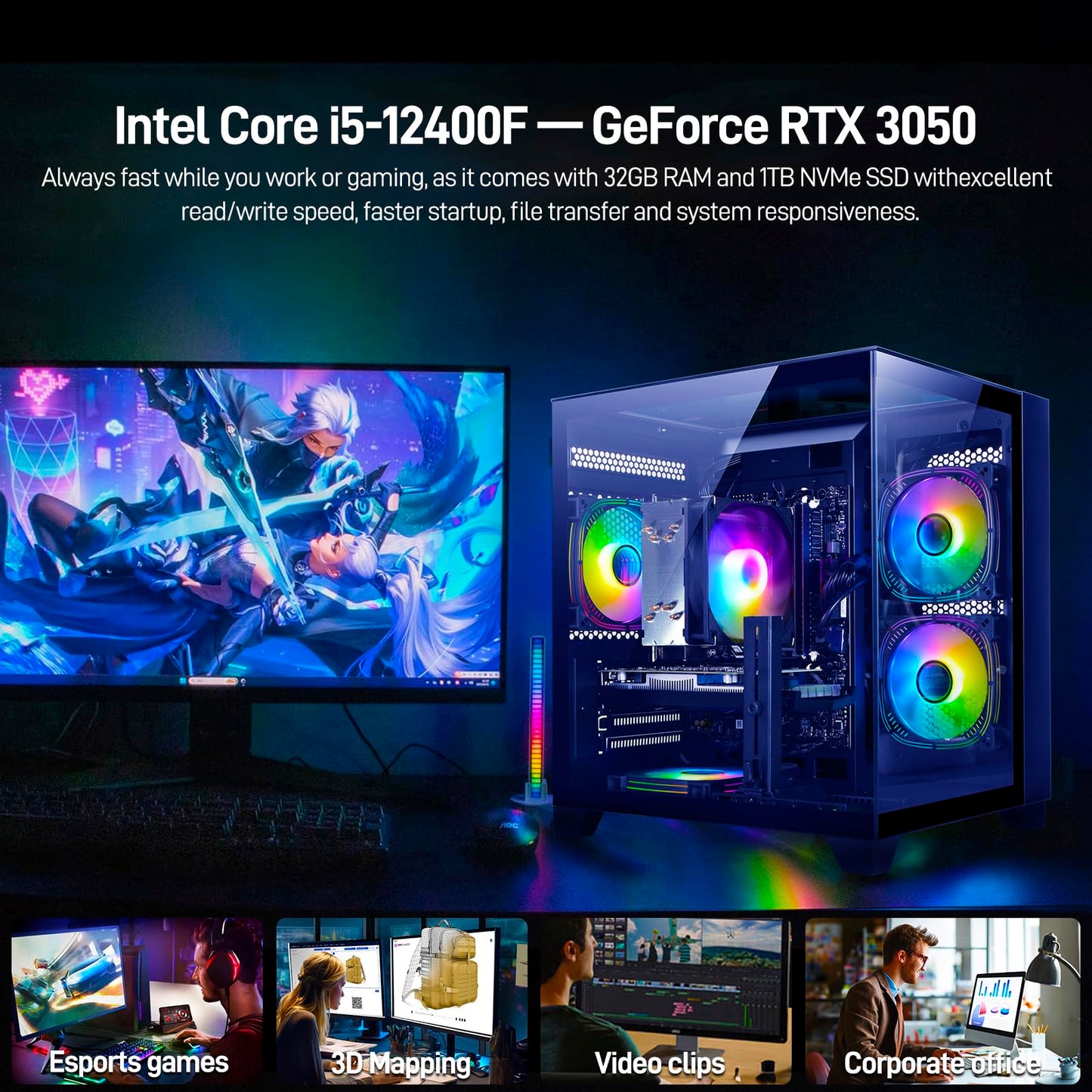 Gaming PC Desktop Intel 12th I5-12400F, 6 core 2.5GHz Desktop Computer, GeForce RTX3050, 32G DDR4 RAM, 1TB NVME SSD, Tower Computer for Gaming, Home and Office (Black)