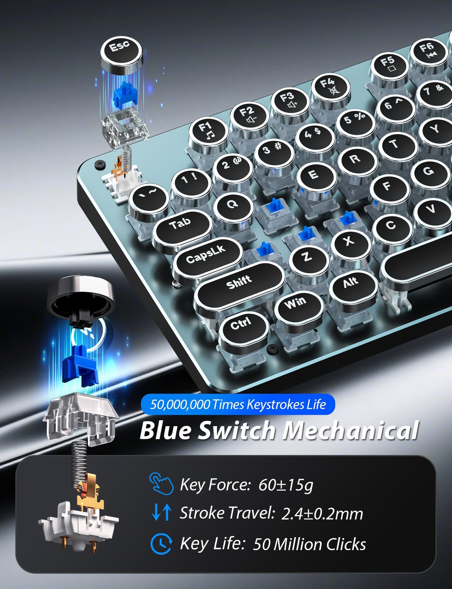 Typewriter Mechanical Gaming Keyboard and Mouse, Metal Panel Retro Keyboard with Round Keycap Blue Switch, RGB Backlit 104 Keys Anti-Ghost Wired Keyboard Mouse and Pad Combo for PC Laptop Mac Gamer