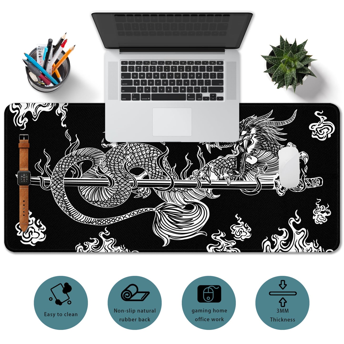 Japanese Dragon Large Gaming Mouse Pad for Desk, Black Mouse Pad Gaming Mouse Mat Desk Pad, Non-Slip Base Computer Keyboard Large Desk Mat, 31.5x11.8in XL Mousepad with Stitched Edge for Home Office