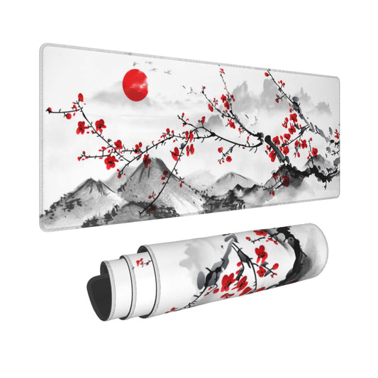 Watercolor Cherry Blossom Mouse Pad 31.5x11.8 Inch Pink Full Desk Japanese Sakura Mousepad Extended Large Non-Slip Rubber Base Waterproof Big Keyboard Mat with Stitched Edges for Gaming and Office
