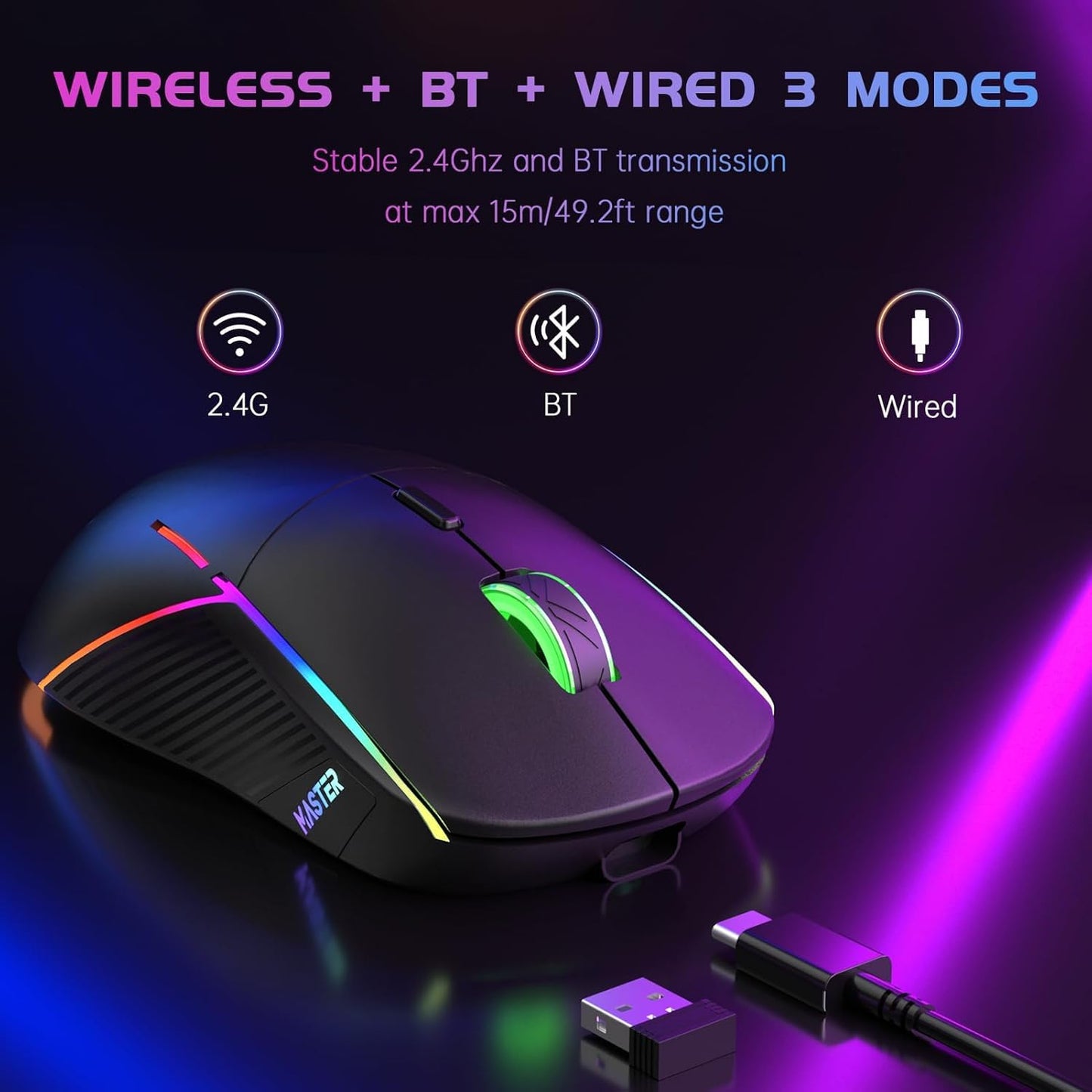 FFJ Wireless Gaming Mouse, 24000 DPI, Tri-Mode 2.4G/USB-C/Bluetooth 5.3 Gaming Mouse Wireless, RGB Programmable Mouse Gamer, 75Hrs Battery Life, Rechargeable Gaming Mice for PC, Mac, PS5, Xbox - Black