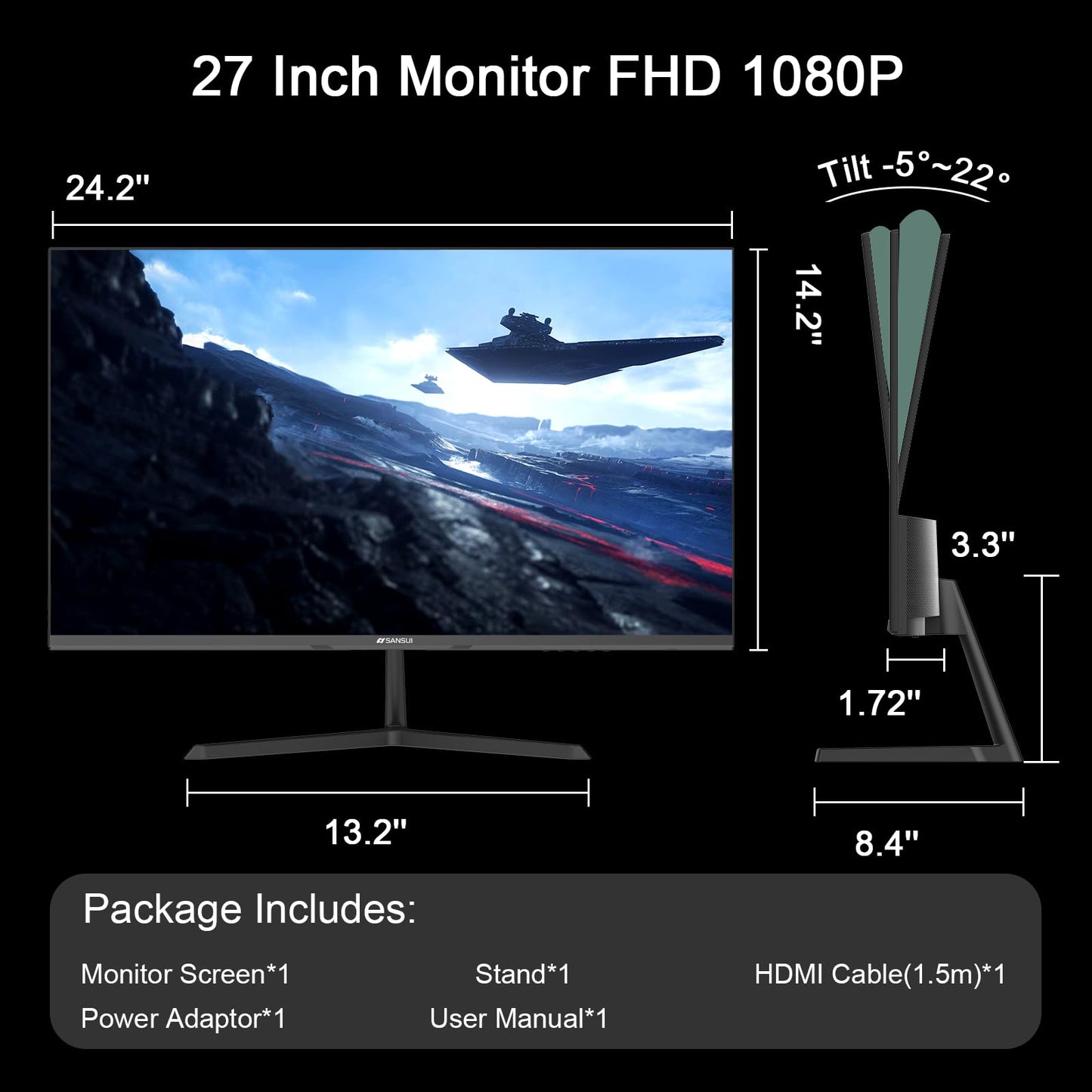 SANSUI 27 Inch Monitor, IPS 100Hz Computer Monitor Full HD 1920 x 1080P with HDMI VGA Interface, Eye Care, Frameless, 100 x 100mm VESA Mountable (HDMI Cable Included)
