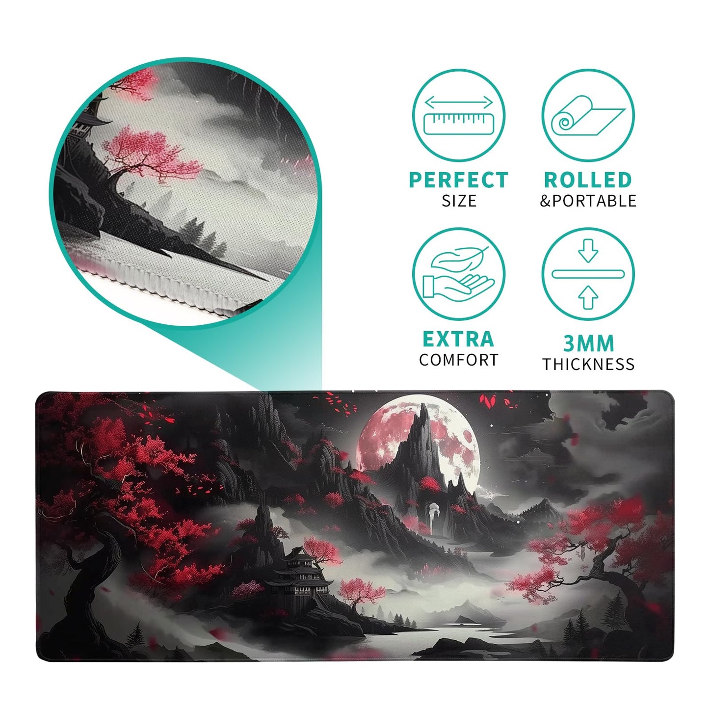 Brecoy Japanese Desk Mat Red Full Moon Desk Pad Black Riverside Large Mouse Pad Gaming Mousepad Extended XL Keyboard Pad 31.5 x 11.8 in Laptop Computer Mouse Keyboard Mat for Office Desk Decor