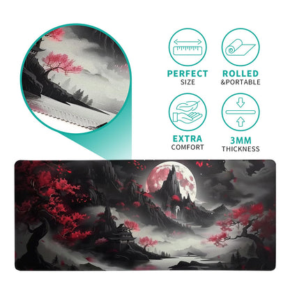 Brecoy Japanese Desk Mat Red Full Moon Desk Pad Black Riverside Large Mouse Pad Gaming Mousepad Extended XL Keyboard Pad 31.5 x 11.8 in Laptop Computer Mouse Keyboard Mat for Office Desk Decor