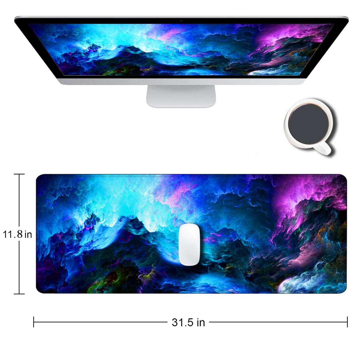 SANWUMIAN Gaming Mouse Pad, Large Non-Slip Rubber Base Mousepad, Keyboard Mouse Mat, Desk Pad with Stitched Edges, 31.5x11.8inch, Dazzling Galaxy