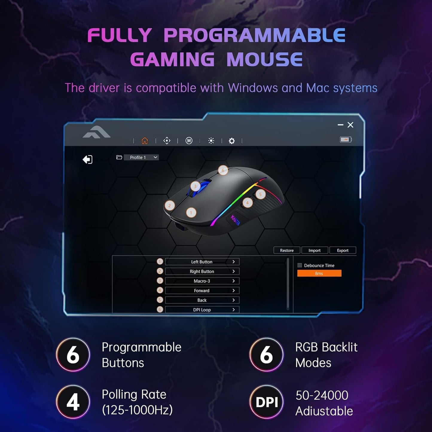FFJ Wireless Gaming Mouse, 24000 DPI, Tri-Mode 2.4G/USB-C/Bluetooth 5.3 Gaming Mouse Wireless, RGB Programmable Mouse Gamer, 75Hrs Battery Life, Rechargeable Gaming Mice for PC, Mac, PS5, Xbox - Black