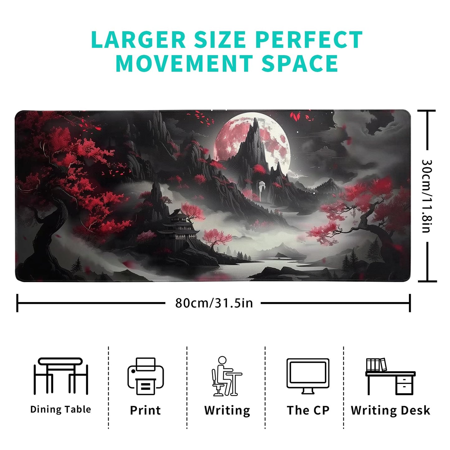 Brecoy Japanese Desk Mat Red Full Moon Desk Pad Black Riverside Large Mouse Pad Gaming Mousepad Extended XL Keyboard Pad 31.5 x 11.8 in Laptop Computer Mouse Keyboard Mat for Office Desk Decor