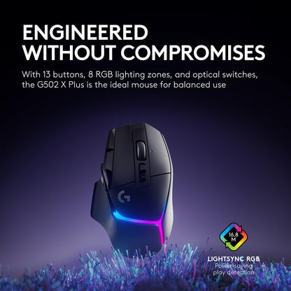 Logitech G502 X Plus Lightspeed Wireless Optical Mouse - LIGHTFORCE hybrid switches, LIGHTSYNC RGB, HERO 25K gaming sensor, compatible with PC - macOS/Windows - Black