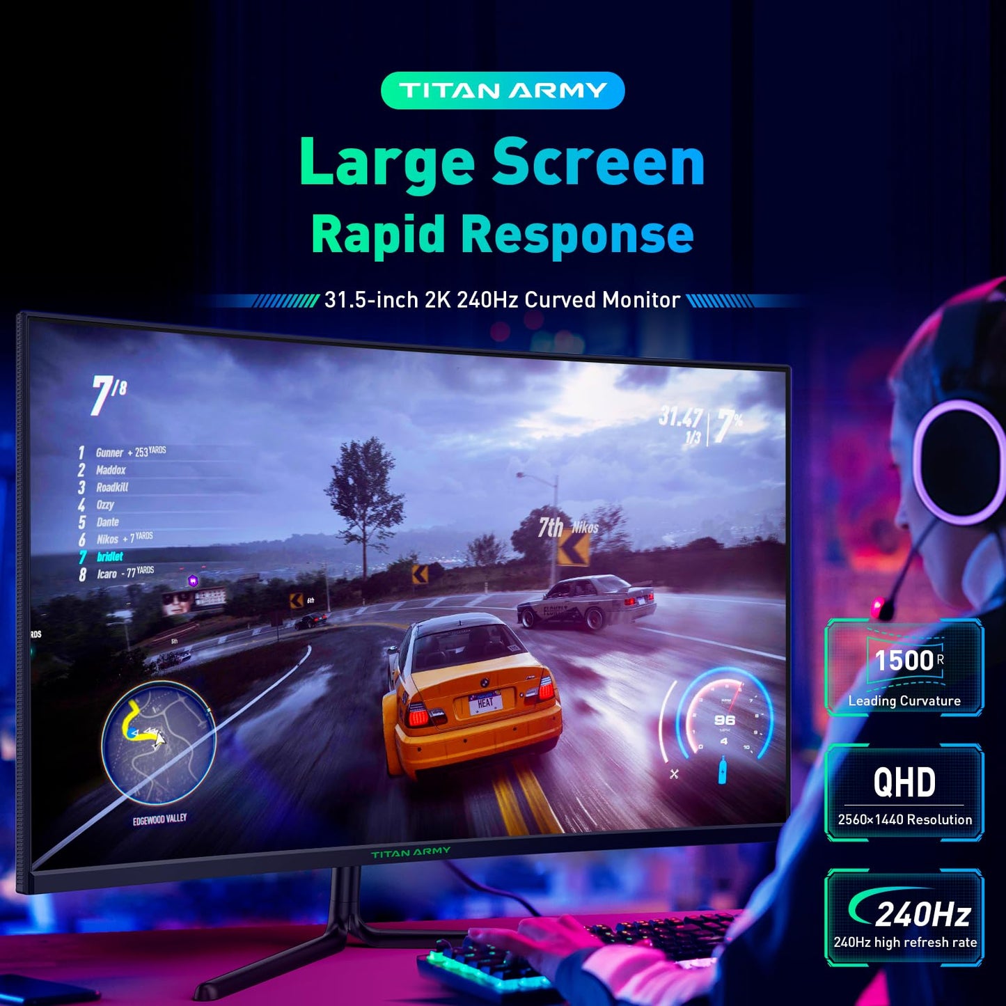TITAN ARMY 32 Inch 240Hz 1440P Gaming Monitor Curved, 2K QHD 2560 x 1440 1ms, Adaptive Sync, 1500R Frameless VA, 124% sRGB, HDMI 2.1, DisplayPort 1.4, HDR400, Low Blue Light, VESA 75 * 75, C32C1S