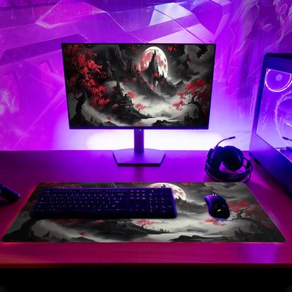 Brecoy Japanese Desk Mat Red Full Moon Desk Pad Black Riverside Large Mouse Pad Gaming Mousepad Extended XL Keyboard Pad 31.5 x 11.8 in Laptop Computer Mouse Keyboard Mat for Office Desk Decor