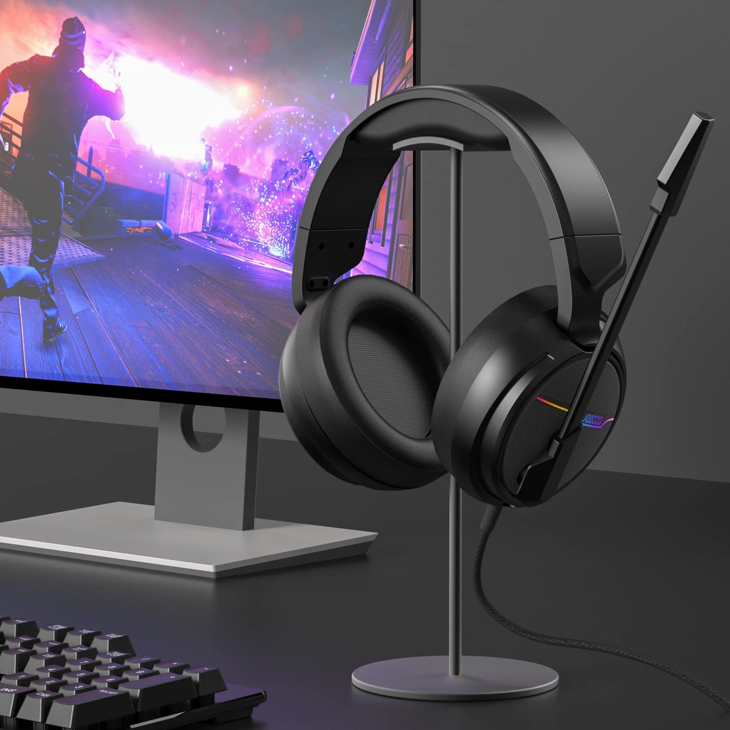 Jeecoo V20U USB Pro Gaming Headset for PC - 7.1 Surround Sound Headphones with Noise Cancelling Microphone- Memory Foam Ear Pads for Laptop Computers