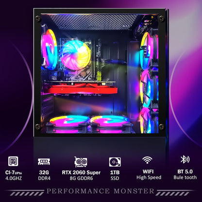 STGAubron Gaming PC Desktop, GeForce RTX 2060 Super 8G GDDR6, Intel Core i7-6700 up to 4.0G, 32G DDR4, 1T SSD, 600M WiFi, BT 5.0, RGB Fan x 6, Windows 10 Home
