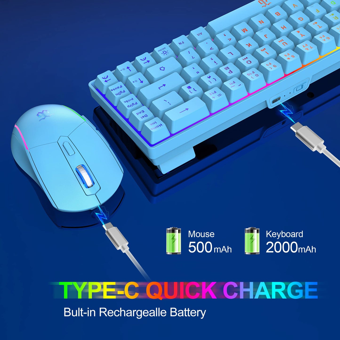 Snpurdiri 60% Wireless Gaming Keyboard and Mouse Combo,LED Backlit Rechargeable 2000mAh Battery,Small Membrane But Mechanical Feel Keyboard + Popular RGB Mice for Gaming,Business Office(Blue)