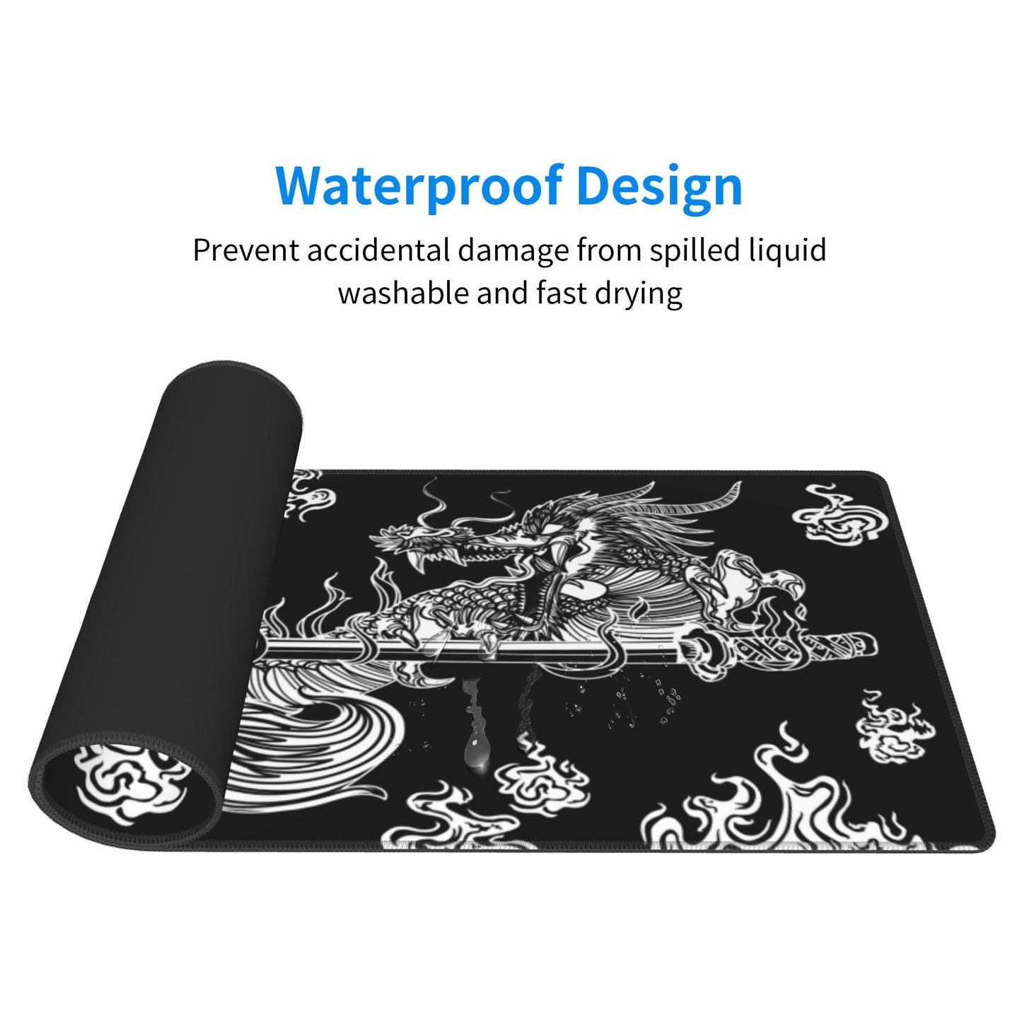 Japanese Dragon Large Gaming Mouse Pad for Desk, Black Mouse Pad Gaming Mouse Mat Desk Pad, Non-Slip Base Computer Keyboard Large Desk Mat, 31.5x11.8in XL Mousepad with Stitched Edge for Home Office
