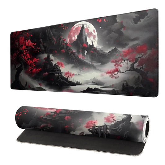 Brecoy Japanese Desk Mat Red Full Moon Desk Pad Black Riverside Large Mouse Pad Gaming Mousepad Extended XL Keyboard Pad 31.5 x 11.8 in Laptop Computer Mouse Keyboard Mat for Office Desk Decor