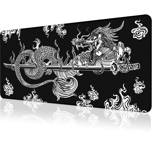 Japanese Dragon Large Gaming Mouse Pad for Desk, Black Mouse Pad Gaming Mouse Mat Desk Pad, Non-Slip Base Computer Keyboard Large Desk Mat, 31.5x11.8in XL Mousepad with Stitched Edge for Home Office