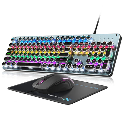 Typewriter Mechanical Gaming Keyboard and Mouse, Metal Panel Retro Keyboard with Round Keycap Blue Switch, RGB Backlit 104 Keys Anti-Ghost Wired Keyboard Mouse and Pad Combo for PC Laptop Mac Gamer