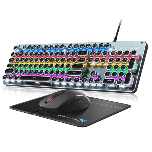 Typewriter Mechanical Gaming Keyboard and Mouse, Metal Panel Retro Keyboard with Round Keycap Blue Switch, RGB Backlit 104 Keys Anti-Ghost Wired Keyboard Mouse and Pad Combo for PC Laptop Mac Gamer