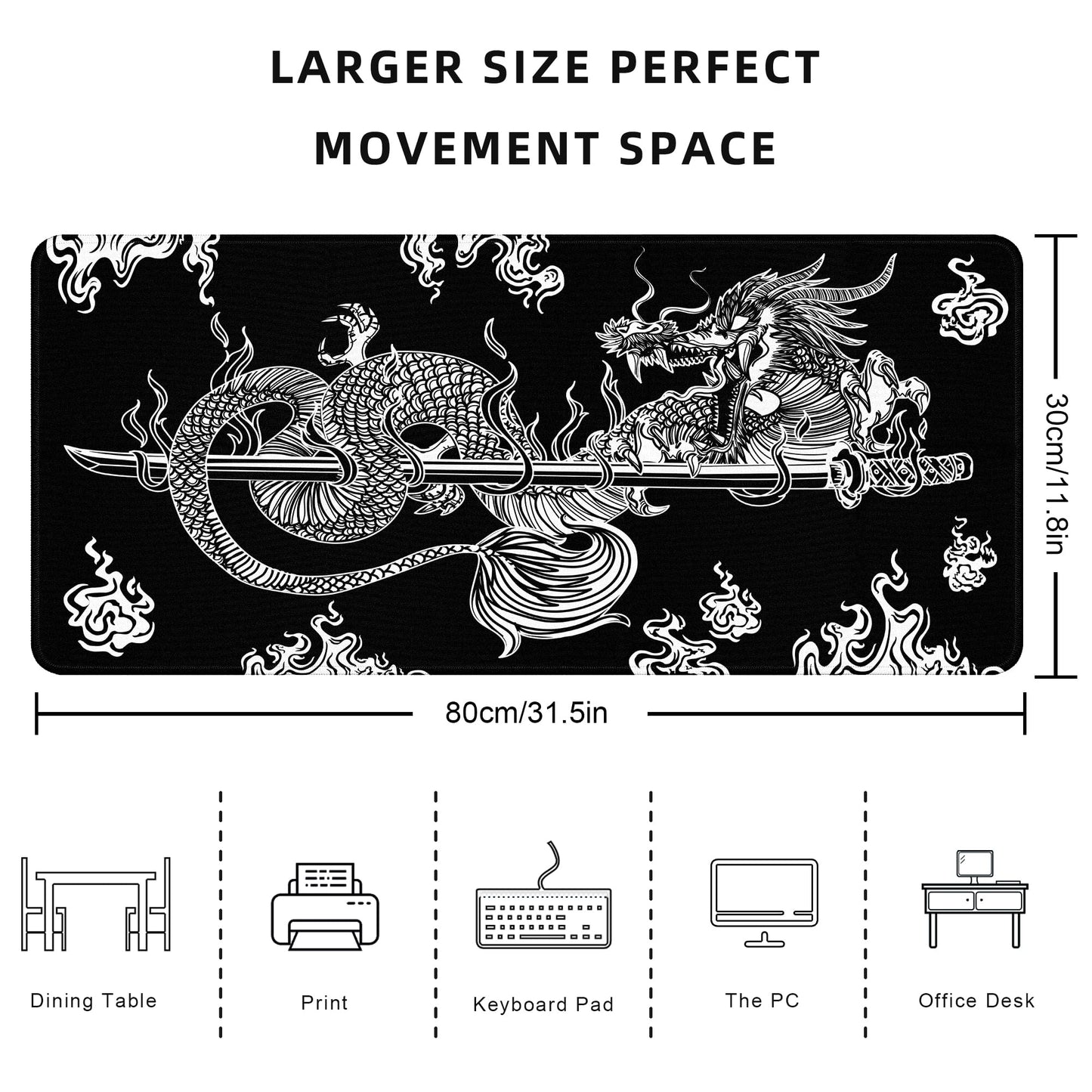 Japanese Dragon Large Gaming Mouse Pad for Desk, Black Mouse Pad Gaming Mouse Mat Desk Pad, Non-Slip Base Computer Keyboard Large Desk Mat, 31.5x11.8in XL Mousepad with Stitched Edge for Home Office