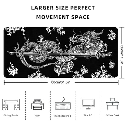 Japanese Dragon Large Gaming Mouse Pad for Desk, Black Mouse Pad Gaming Mouse Mat Desk Pad, Non-Slip Base Computer Keyboard Large Desk Mat, 31.5x11.8in XL Mousepad with Stitched Edge for Home Office