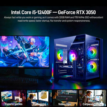 Gaming PC Desktop Intel 12th I5-12400F, 6 core 2.5GHz Desktop Computer, GeForce RTX3050, 32G DDR4 RAM, 1TB NVME SSD, Tower Computer for Gaming, Home and Office (Black)