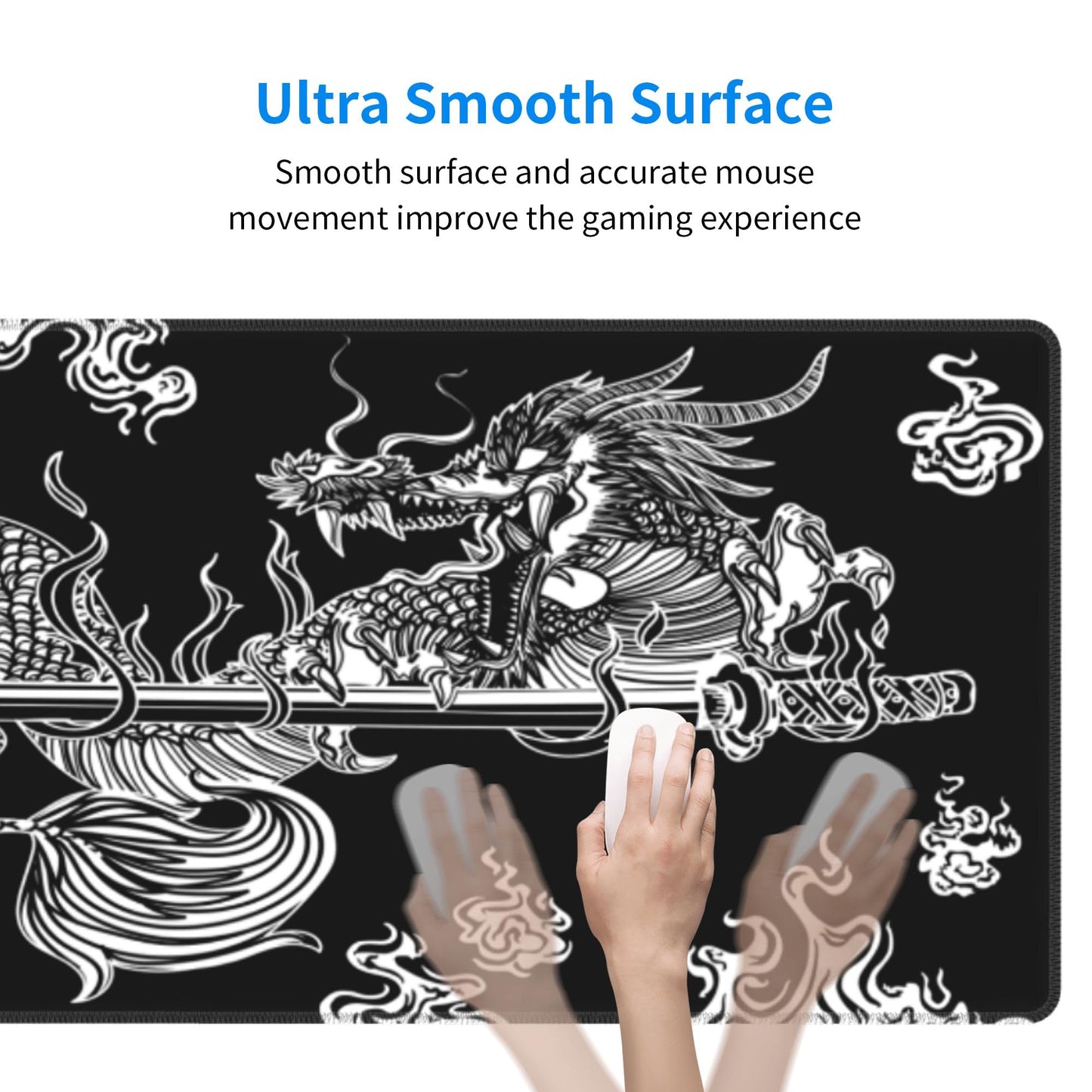 Japanese Dragon Large Gaming Mouse Pad for Desk, Black Mouse Pad Gaming Mouse Mat Desk Pad, Non-Slip Base Computer Keyboard Large Desk Mat, 31.5x11.8in XL Mousepad with Stitched Edge for Home Office