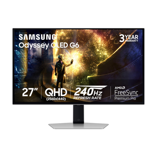 SAMSUNG 27” Odyssey OLED G6 (G61SD) QHD & QD-OLED 240Hz 0.03ms FreeSync Premium Pro Gaming Monitor with Sleek Metal Design, 3 Year Warranty, US, LS27DG610SNXZA, 2024