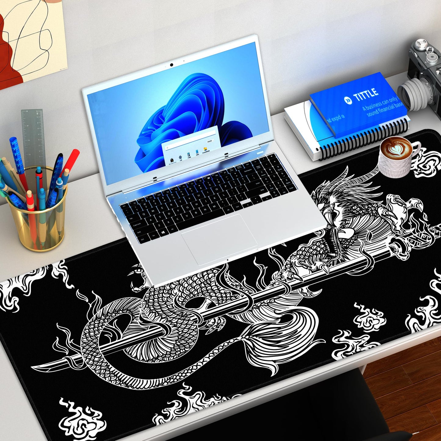 Japanese Dragon Large Gaming Mouse Pad for Desk, Black Mouse Pad Gaming Mouse Mat Desk Pad, Non-Slip Base Computer Keyboard Large Desk Mat, 31.5x11.8in XL Mousepad with Stitched Edge for Home Office