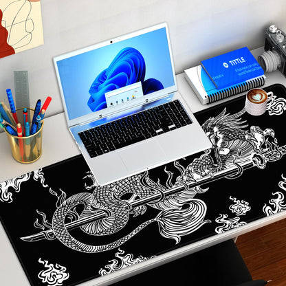Japanese Dragon Large Gaming Mouse Pad for Desk, Black Mouse Pad Gaming Mouse Mat Desk Pad, Non-Slip Base Computer Keyboard Large Desk Mat, 31.5x11.8in XL Mousepad with Stitched Edge for Home Office