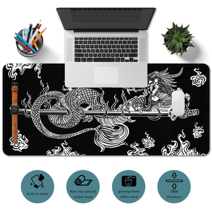 Japanese Dragon Large Gaming Mouse Pad for Desk, Black Mouse Pad Gaming Mouse Mat Desk Pad, Non-Slip Base Computer Keyboard Large Desk Mat, 31.5x11.8in XL Mousepad with Stitched Edge for Home Office